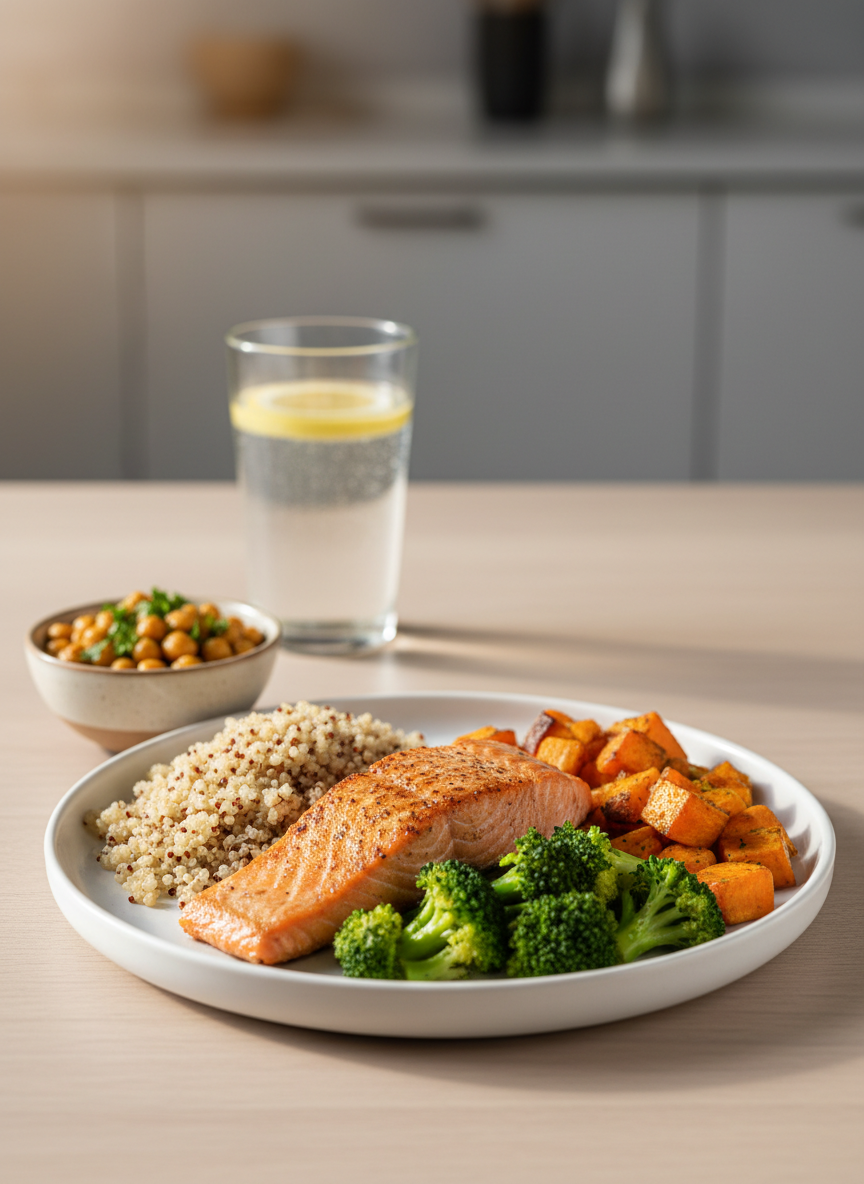 A meticulously arranged plate of colorful whole foods on a light wooden table, showcasing a balance of nutrients: grilled salmon with a slightly crisp surface, quinoa with visible grains, bright steamed broccoli, roasted sweet potato cubes, and a small side of chickpeas sprinkled with fresh herbs. In the background, out of focus, sits a clear glass of water with lemon slices and a subtle glimpse of a neutral-toned kitchen. Soft morning daylight streams in from the side, creating gentle highlights on the food and faint shadows on the table. Photographic realism, eye-level composition, clean and modern aesthetic, with a calm, trustworthy mood that conveys evidence-based, non-faddish nutrition.